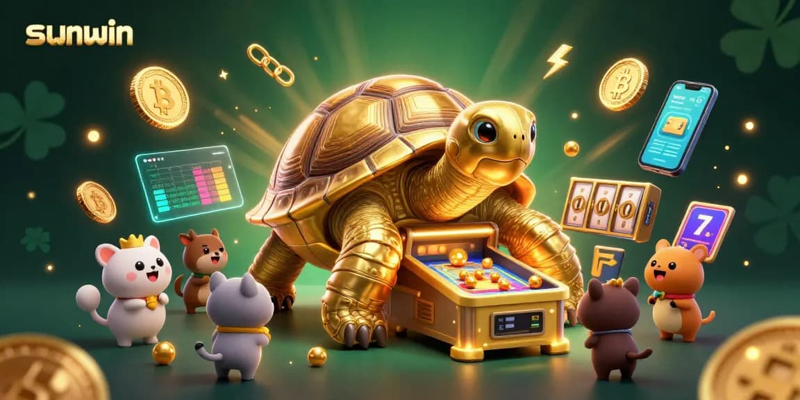 Experience gaming excitement with sunwin's dynamic casino scene filled with colorful characters and slot machines.