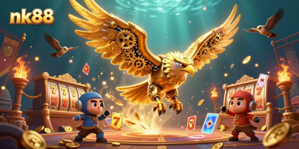 Engaging nk88 gaming illustration showcasing a golden eagle diving through vibrant slot reels and poker cards.