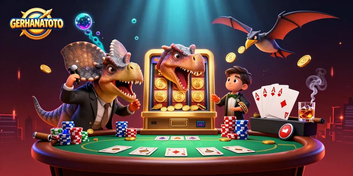GERHANATOTO memicu jackpot dengan slot machine, menyebar koin emas dalam suasana kasino yang meriah.