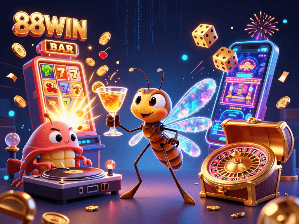 Experience the excitement of 88WIN in this vibrant casino illustration filled with thrilling elements.