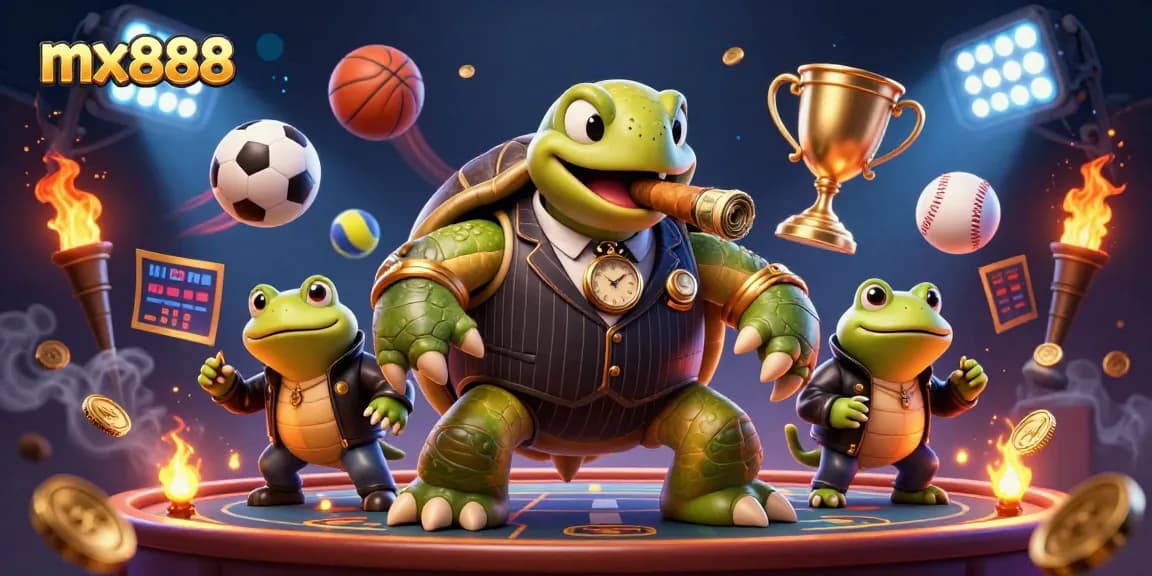 Bet on exciting games with mx888 at the vibrant casino scene featuring a 3D turtle in a stylish suit.