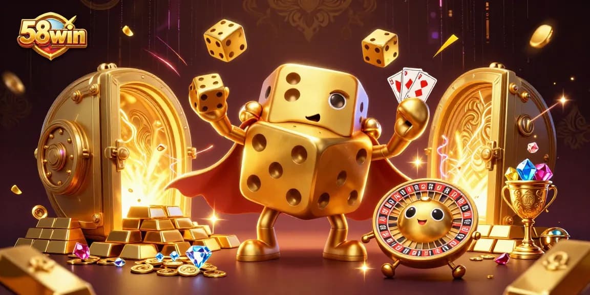 Experience exciting gaming wins with 58win's rich visuals of vibrant casino treasures and characters.