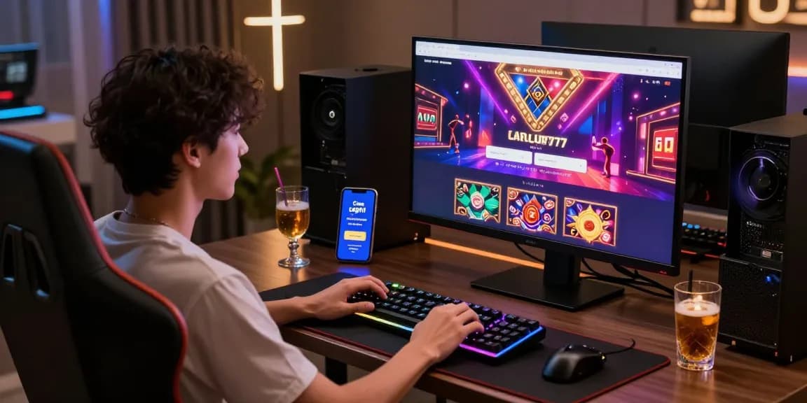 Cara Login LUXURY777 dalam lingkungan gaming mewah dengan pengguna berinteraksi di layar laptop.
