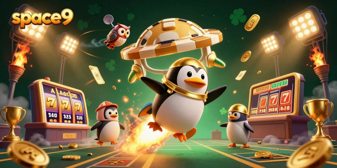 Play exciting games at Space9 Casino, featuring a golden penguin racing towards winnings.