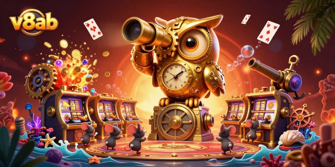 Engage in vibrant gaming action at v8ab, featuring stunning 3D golden owl-themed casino illustration.