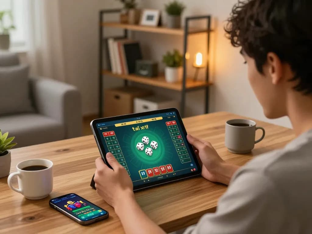 Engaging gameplay of tài xỉu on a tablet in a cozy home office, showcasing excitement.