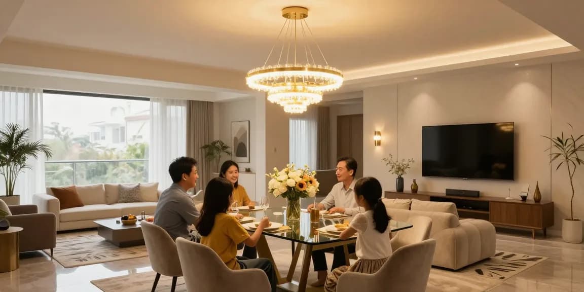 Candelabre led elegante în living modern, iluminare caldă și decor rafinat.