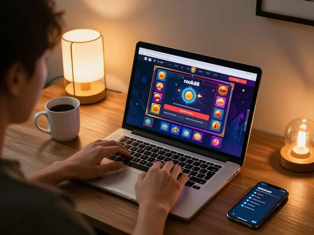 Berinteraksi dengan login slot rokok88 di laptop dalam suasana rumah yang nyaman, menampilkan grafik permainan yang hidup dan suasana yang nyaman.