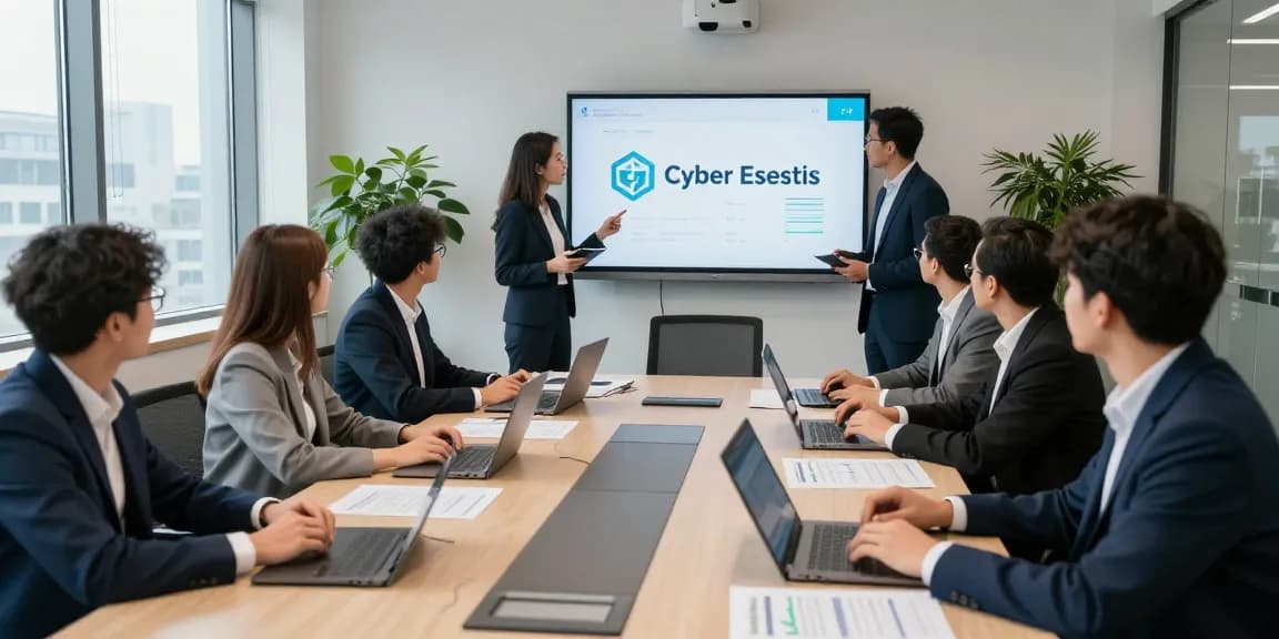 Cyber Essentials renewal meeting with team discussing compliance at a modern office.