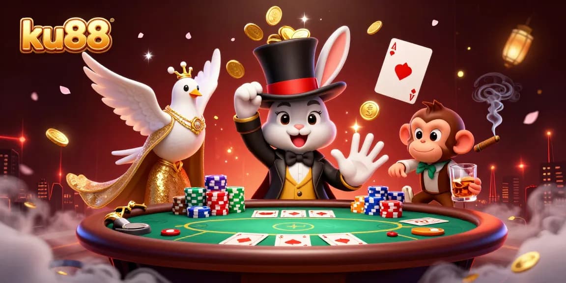 Experience the excitement of ku88 with a whimsical scene featuring a magician rabbit, poker chips, and vibrant game elements.