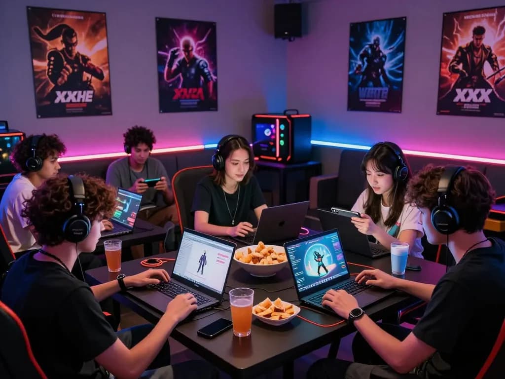 Engaged friends playing xxx games in a lively gaming lounge.