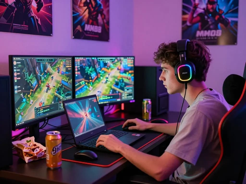 Intense gaming session with MM88 visuals, laptop and monitors lit up in vibrant colors.