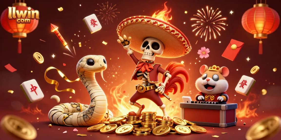 Celebrate with llwin com as a mariachi rooster, mummy snake, and DJ hamster party on golden coins!
