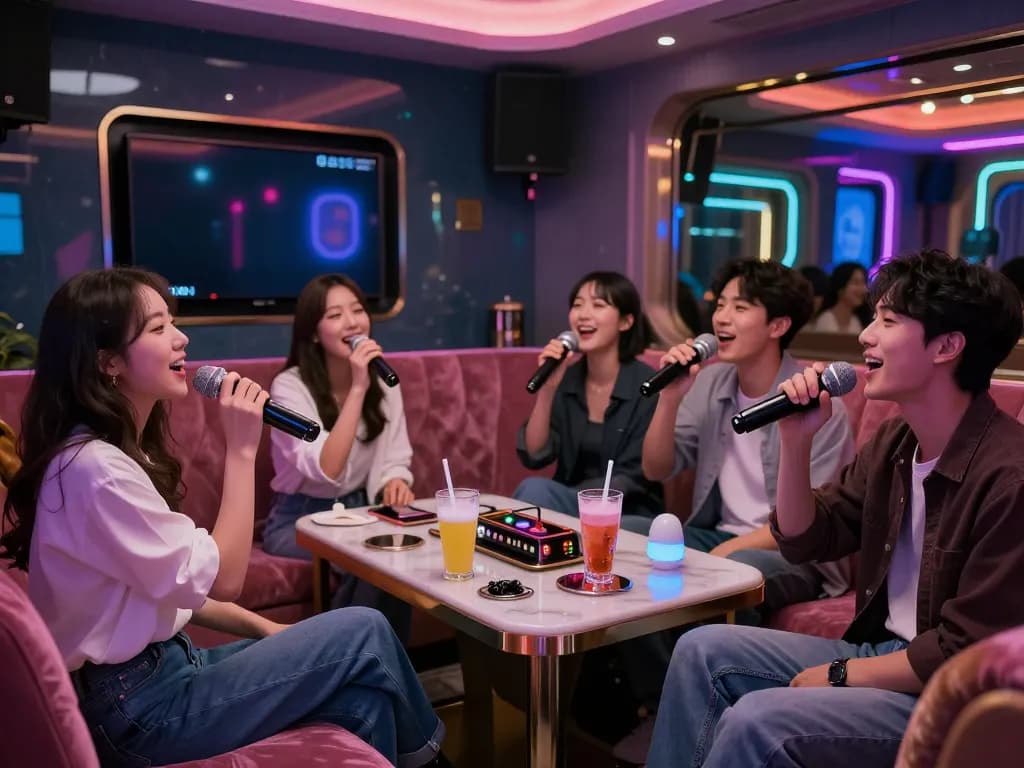 스타일리시한 방에서 인천쓰리노 노래방 밤문화를 즐기는 친구들 그룹