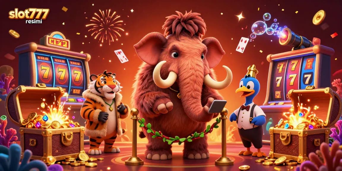Experience thrilling gaming action with slot777 resmi, featuring a dynamic casino scene and 3D cartoon characters.