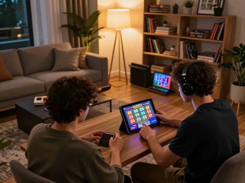Engaging player enjoying Go 99 slot games on tablet in cozy home setting, showcasing vibrant gaming graphics.