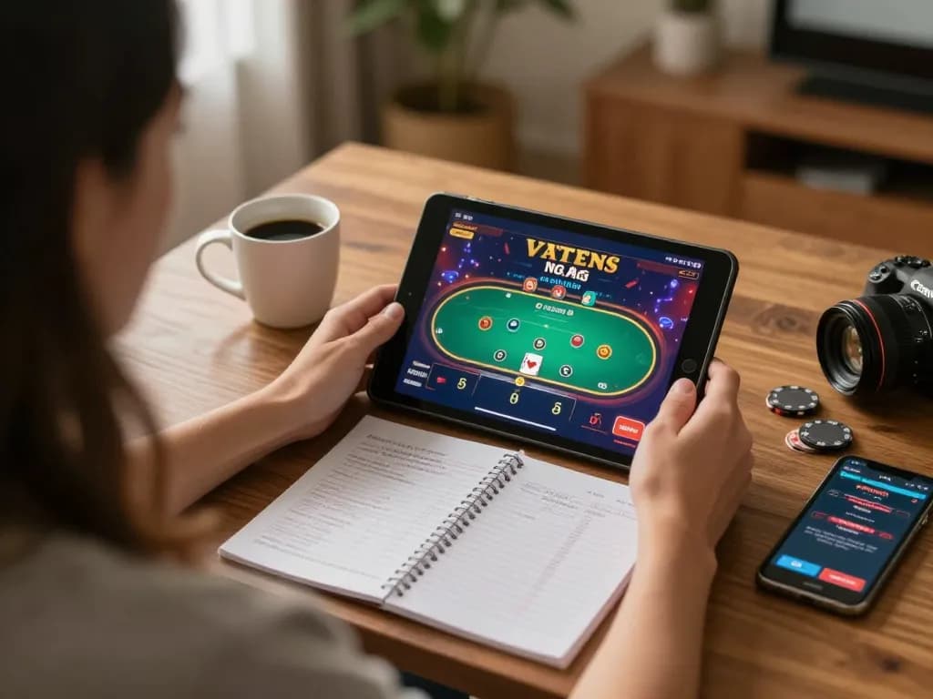Player enjoying MM88 casino games on a tablet while tracking bankroll at home.