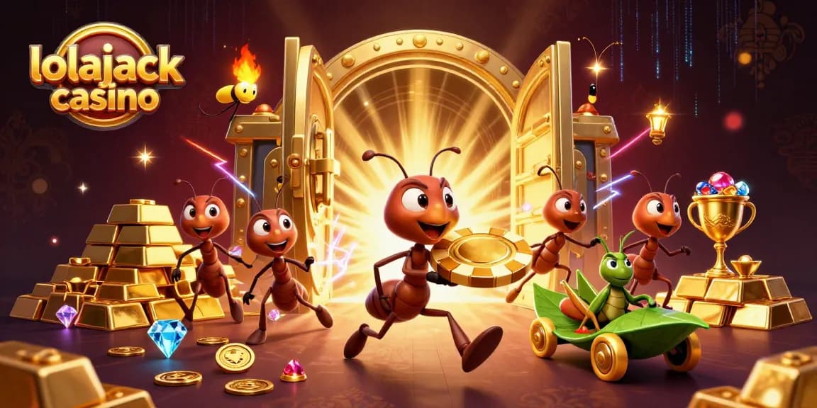Experience thrilling gameplay at lolajack casino with playful ants seizing a giant poker chip amidst treasures.