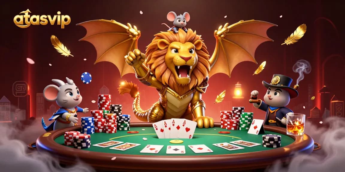 Experience thrilling gameplay at atasvip with a playful chimera character dominating a lively poker scene.