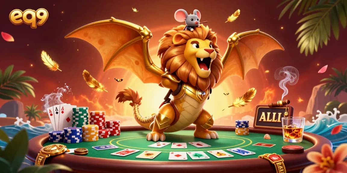Engage with EQ9's thrilling poker scene featuring a chimera and mouse jockey, epitomizing exhilarating gameplay.