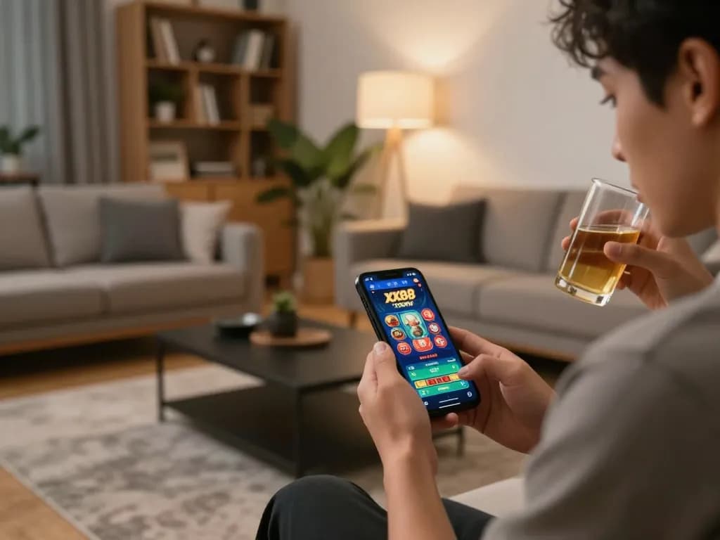 Engaging with XX88 TODAY casino app on smartphone in a cozy home environment