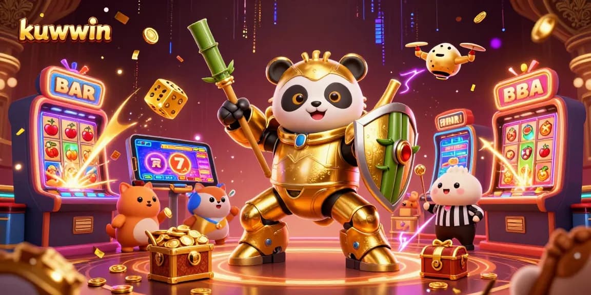 Kuwin showcases thrilling casino excitement with dynamic gaming elements and a golden panda mech in a vibrant 3D scene.