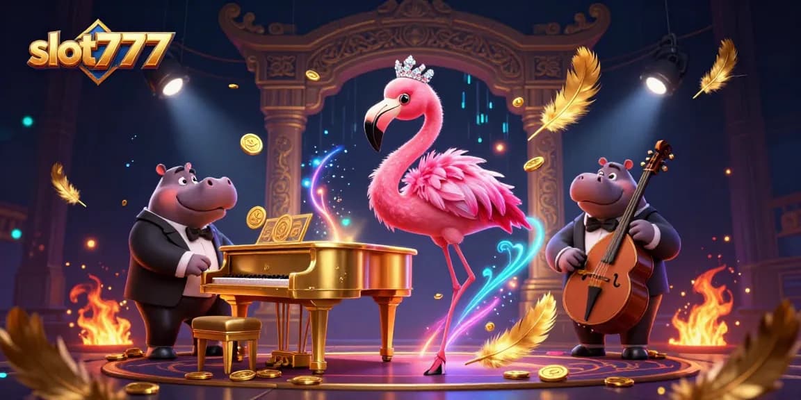 Engage with slot777 on vibrant 3D casino scene featuring a cartoon flamingo and hippo, captivating players.