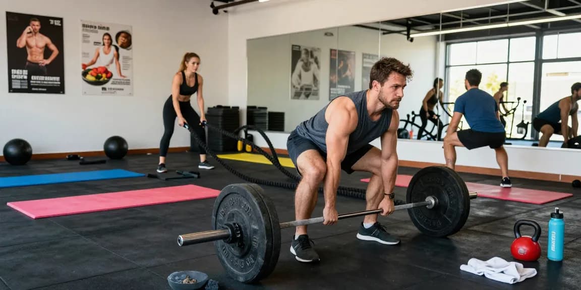 Fitness enthusiasts training hard in a vibrant gym atmosphere with Anabolika Shop supplies and equipment.