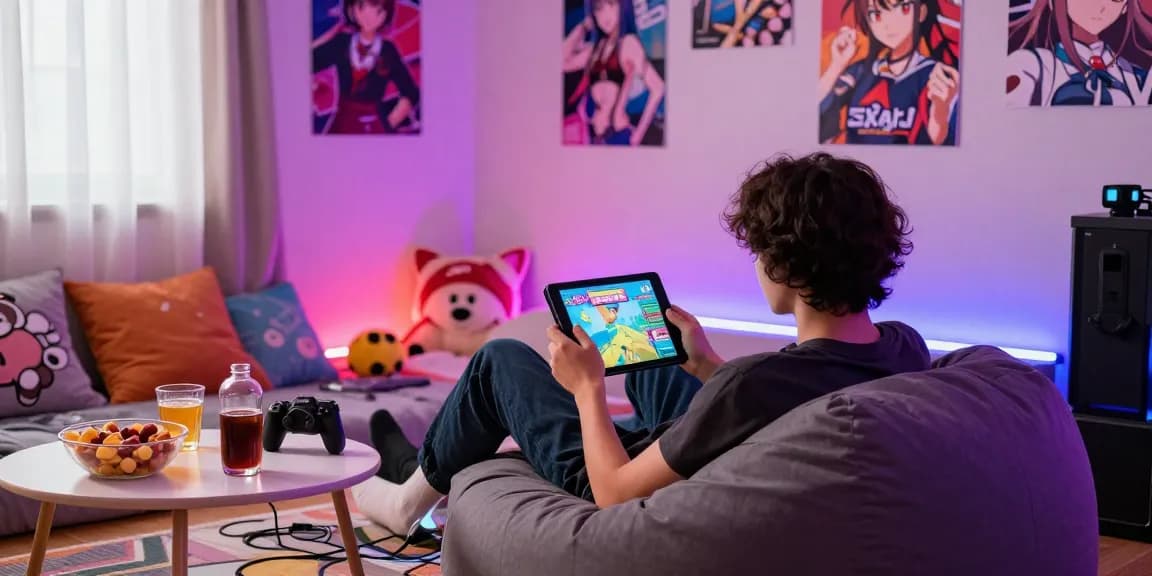 Engaged player enjoying a hentaigame on a tablet in a cozy bedroom.