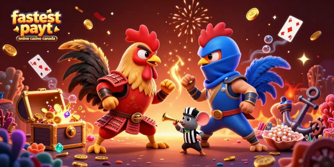 Engage in the fastest payout online casino Canada experience with dynamic rooster duel and casino elements.