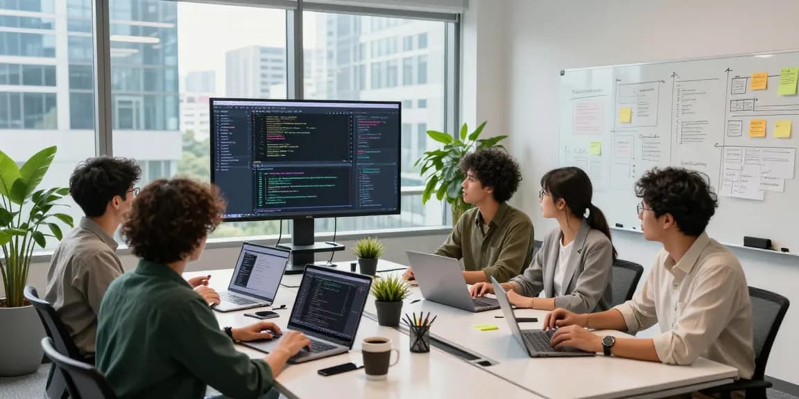 Collaborative software engineering scene at teiegramin.com workspace showcasing teamwork.