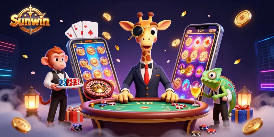 Experience Sunwin's dynamic casino action with high-roller giraffes and vibrant slot games.