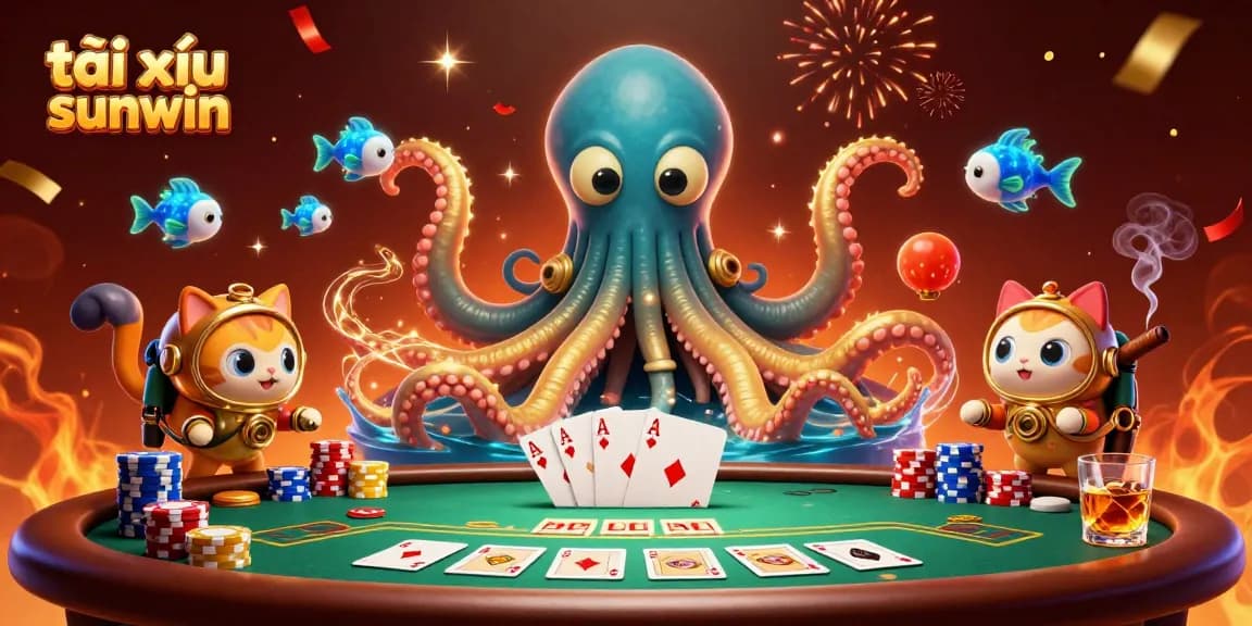 Experience the excitement of tài xỉu sunwin with a vibrant 3D kraken, diving cat, and poker elements.