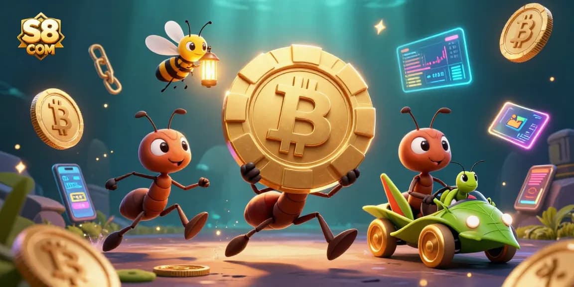 S8 COM engages players with a thrilling heist scene featuring ants and vibrant crypto elements.