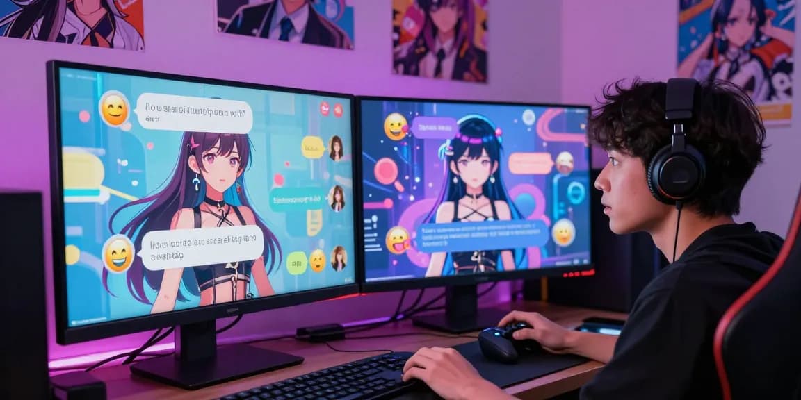 Engaging in AI hentai chat with vibrant anime characters in a digital chatroom