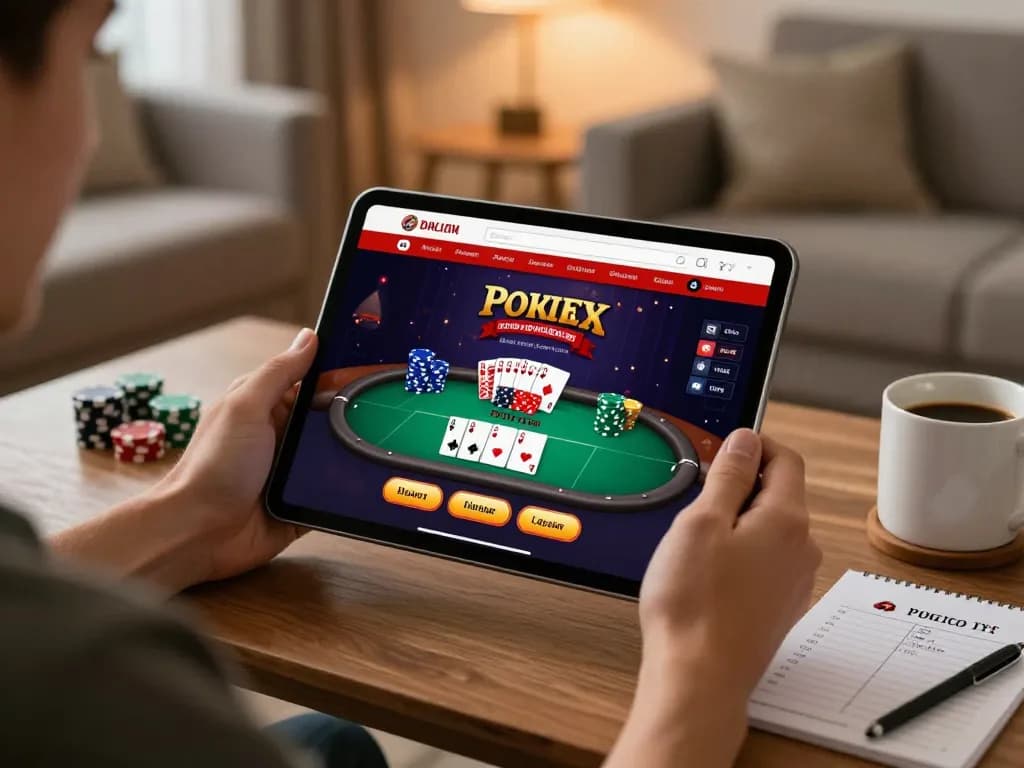 79win player engaging with online poker game on tablet, showcasing gaming strategy in cozy setting.
