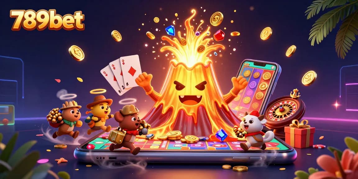 Experience thrilling moments with 789bet as a golden volcano erupts coins in a vibrant casino scene.