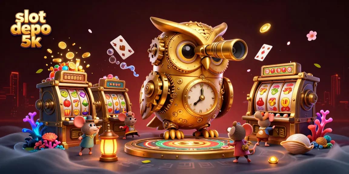 Engage with the lively slot depo 5k scene showcasing vibrant slot machines, a golden owl, and energetic patrons.