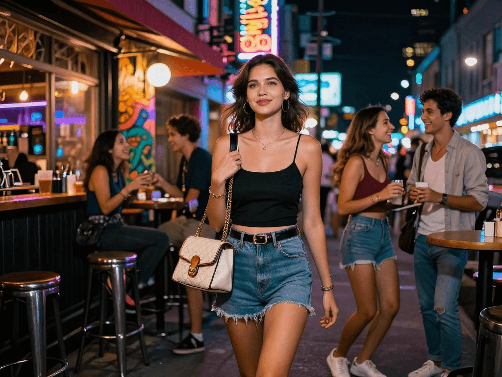 Gái gọi trên đường phố đầy ánh đèn neon, tạo dấu ấn trong không gian phố về đêm.