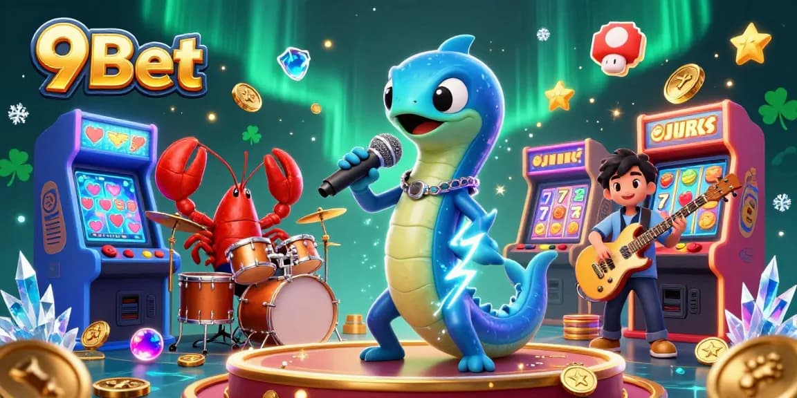 Engage in the thrilling underwater casino experience at 9Bet with vibrant characters performing above arcade games.