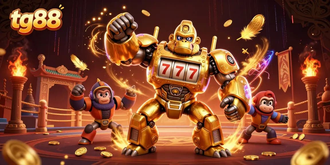 Engage with tg88's thrilling casino adventure featuring a golden gorilla mech amidst a dynamic gambling scene.