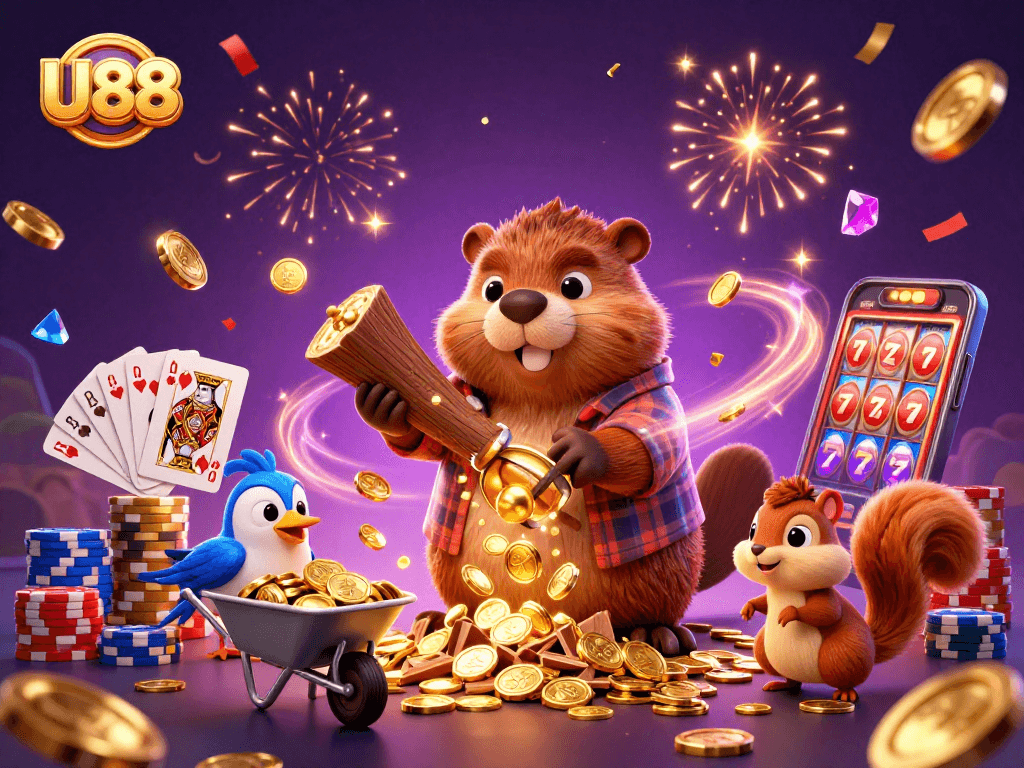 U88 online casino’s vibrant illustration features a beaver and friends winning gold, showcasing festive gaming excitement.