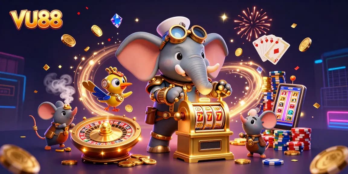 Experience thrilling moments at VU88 with a steampunk elephant operating a golden slot machine amidst cascading coins and festive elements.