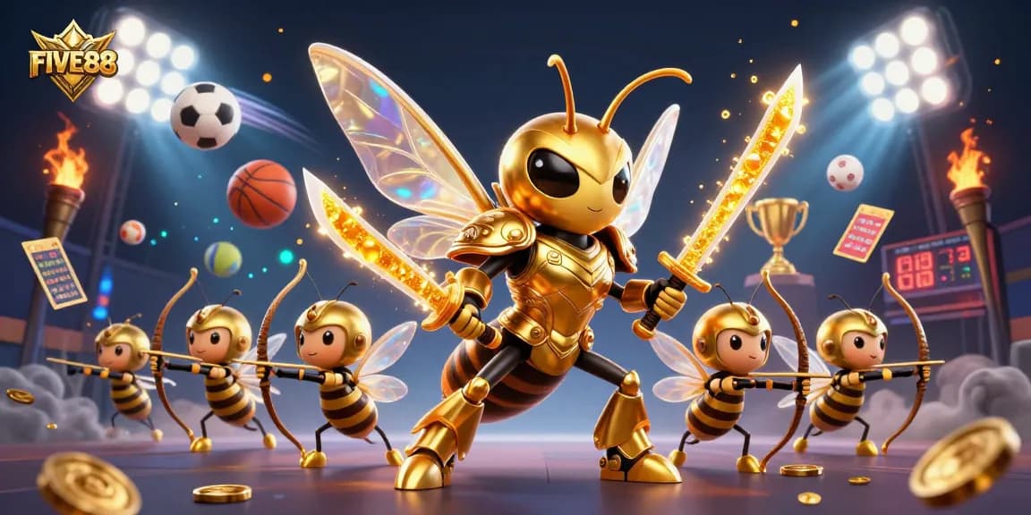Engage in thrilling casino gameplay at FIVE88 with a vibrant and dynamic 3D illustration depicting exciting sports betting elements.