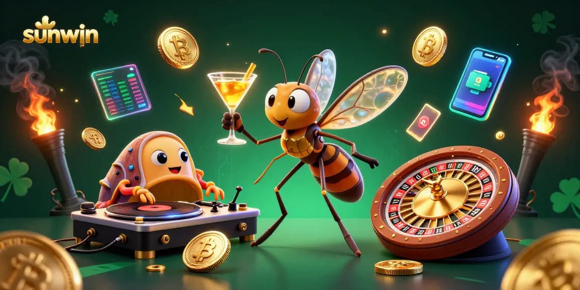 Engage in thrilling games at sunwin, where a cartoon mosquito mascot and trilobite DJ set the scene.