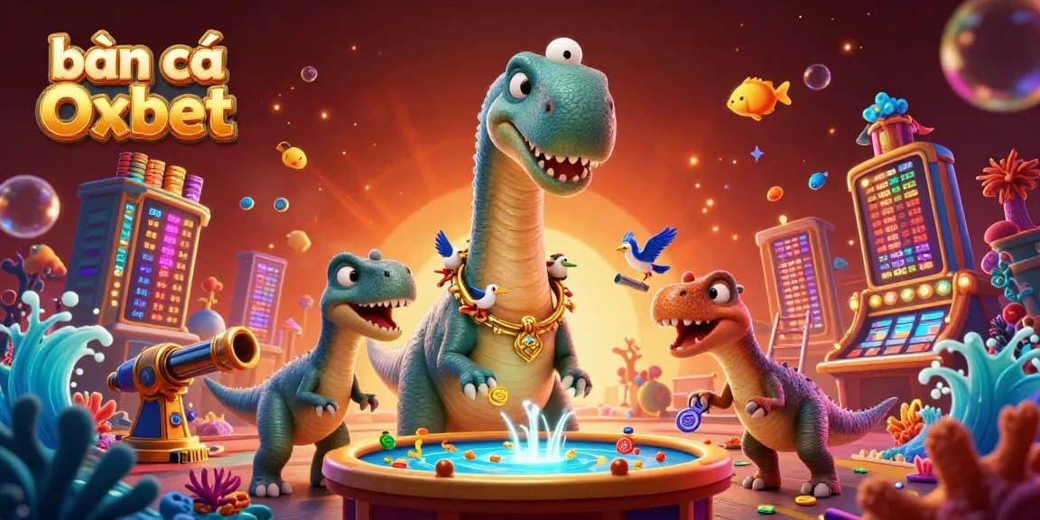 bắn cá Oxbet brings vibrant fish shooting action with a cartoon brontosaurus running a game table