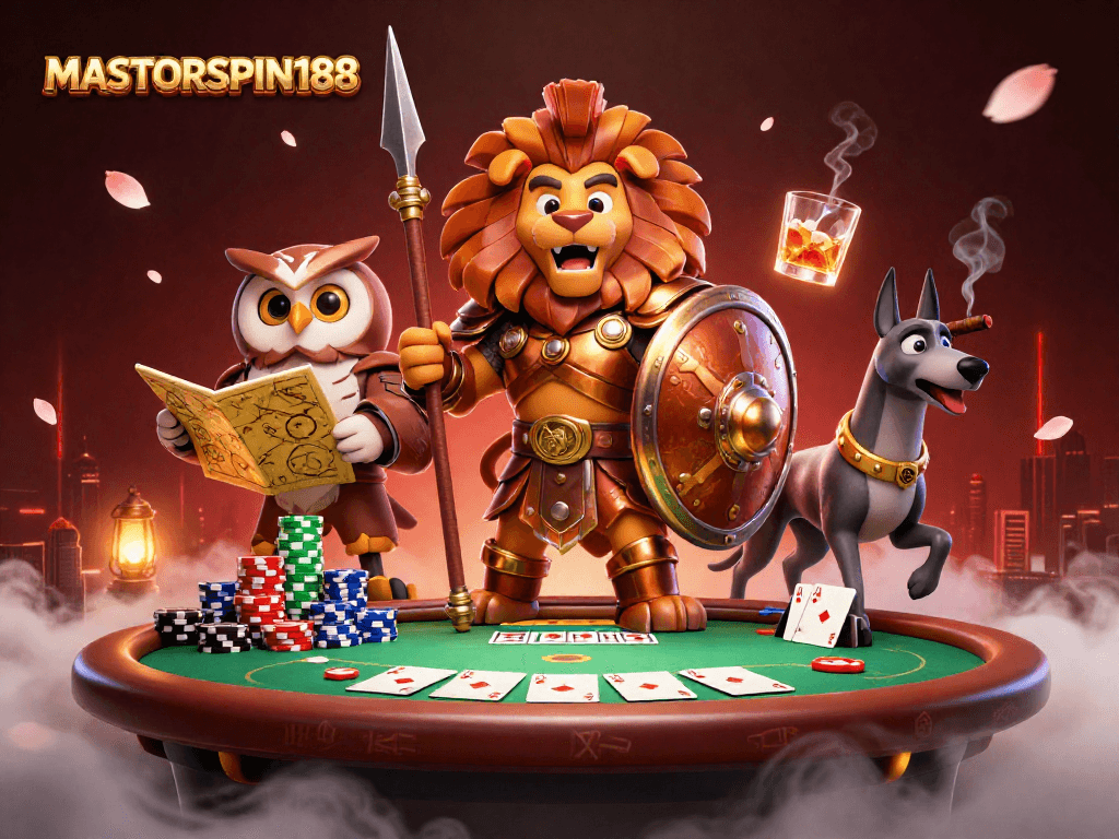 Engage in thrilling poker at MASTERSPIN188 with a Spartan lion and owl strategist.