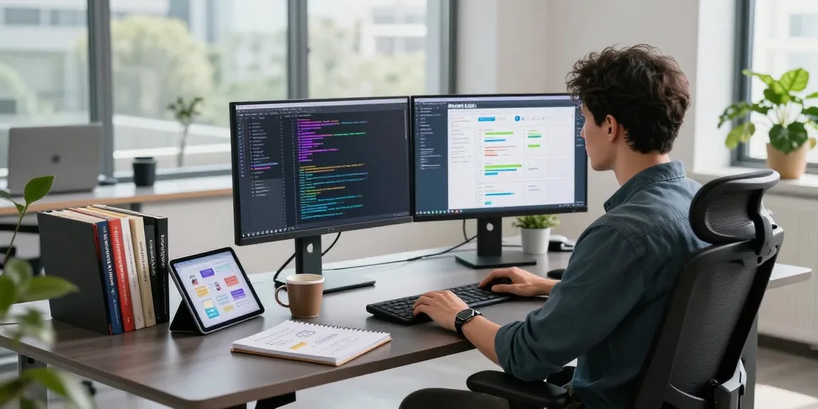 Developer coding in a modern workspace highlighting telegraimin.com tech innovation and productivity.