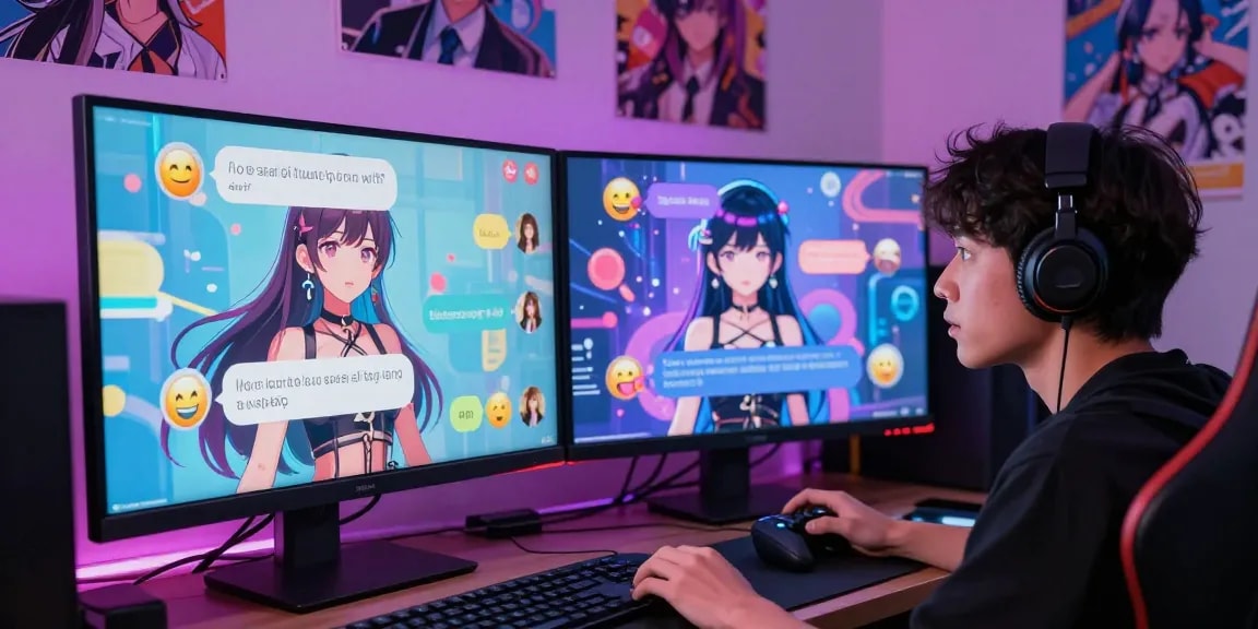 Engaging in AI hentai chat with vibrant anime characters in a digital chatroom