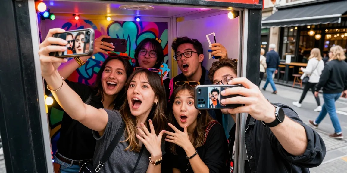 A group of friends enjoying their celebrity look alike experience at a vibrant urban photo booth, showcasing joyful selfies and laughter.